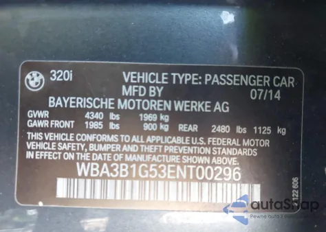 2014 BMW 320 from USA, damaged, VIN WBA3B1G53ENT00296